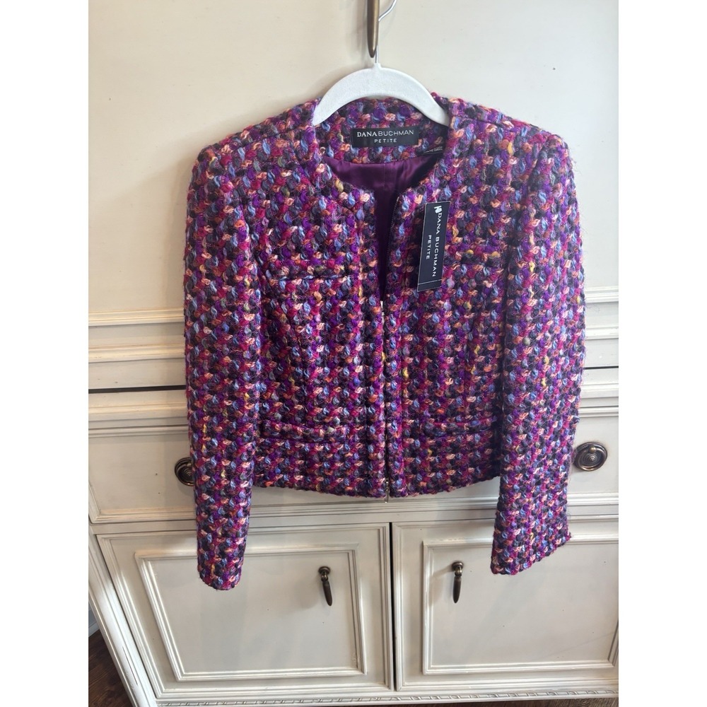Dana Buchman Petite Wool Cotton Pink Purple Tweed Blazer 2P NWT  $595 Workwear